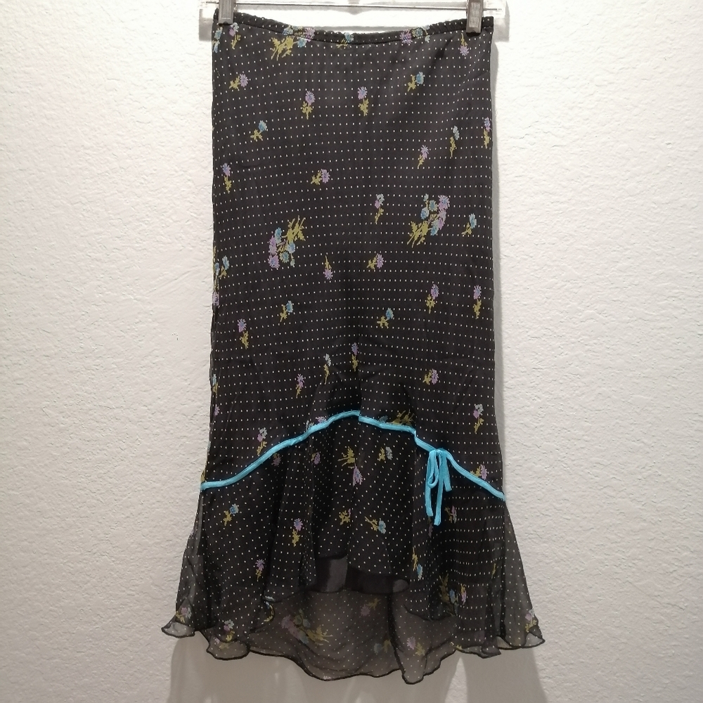 S.L.B. 100% Silk High-low Skirt Black Floral - Size S